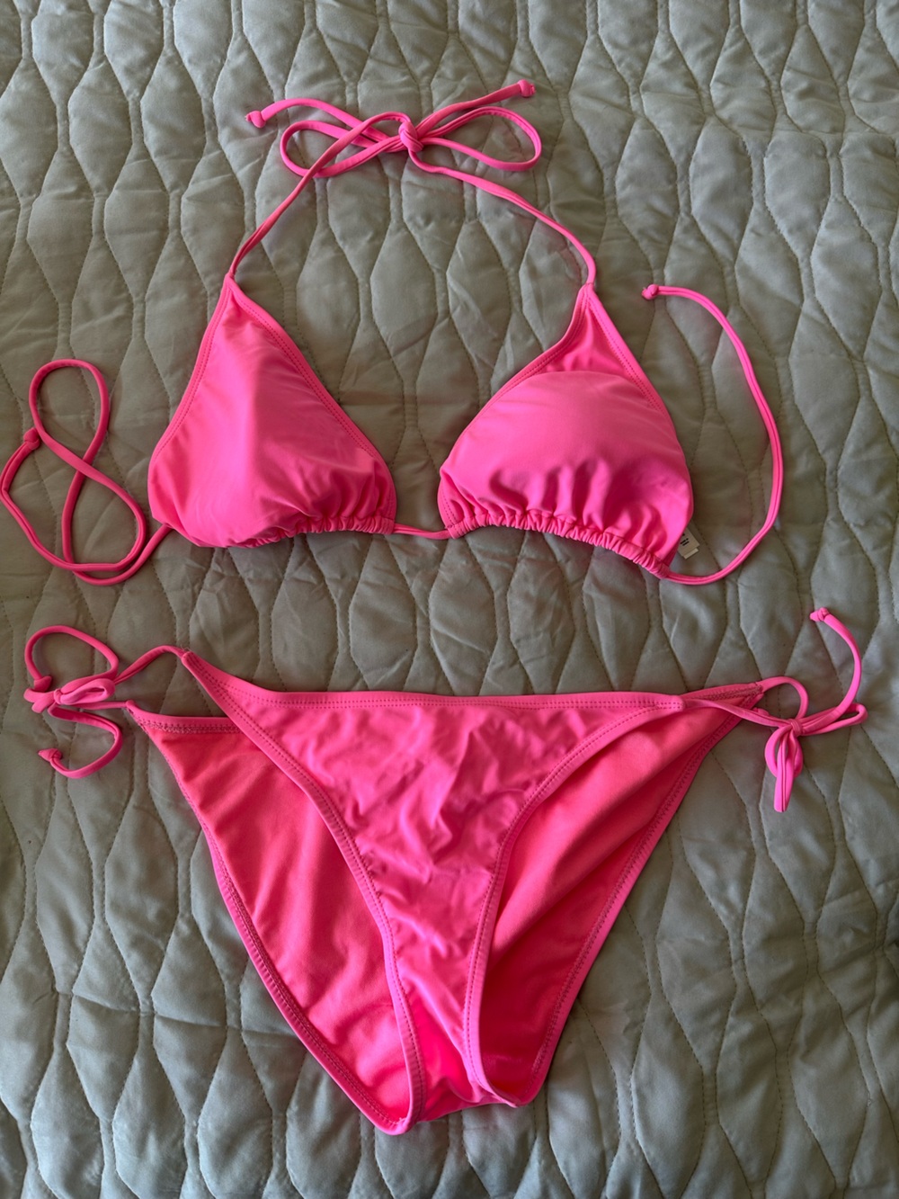 Neon Hot Pink Barbiecore Triangle String Bikini Chic Vacation Party Swim Set